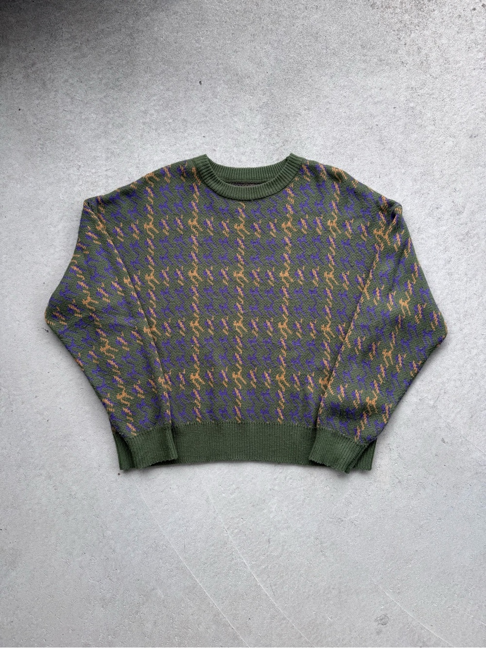 Men's Olive Crewneck Sweater with Purple & Tan Pattern